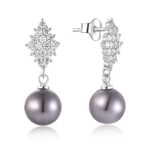 925 Sterling Silver Zircon Gray Freshwater Pearl Dangle Drop Earrings for Women