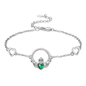 925 Sterling Silver Zircon Heart Charm Bracelet with Crown Detail