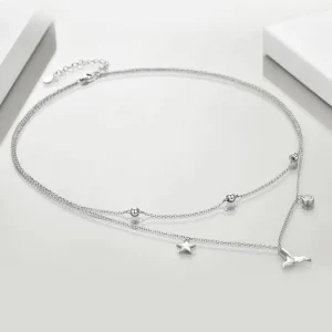 925 Sterling Silver Zircon Star Mermaid Double-Layer Pendant Necklace