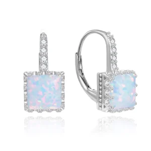925 Sterling Silver Zircon and Geometric White Opal Hoop Earrings for Women