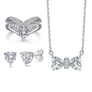 Custom 925 Sterling Silver Heart-Shaped Square Cubic Zirconia Double-Row V-Shaped Ring Bow Necklace Jewelry Set