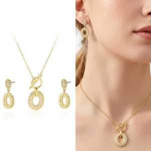 925 Sterling Silver 18K Gold-Plated Cubic Zirconia Necklace and Earrings Set for Women, Engagement, Wedding, and Party Gift