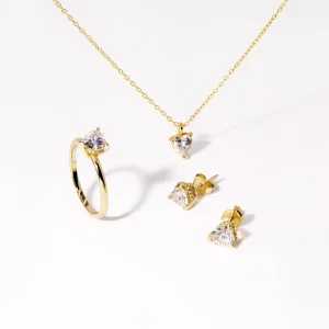 Women’s 925 Sterling Silver Heart-Cut Moissanite 18K Gold-Plated Earrings, Necklace and Ring Set