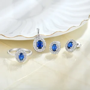 Customized Women’s 925 Silver Blue Round Cubic Zirconia Earrings, Ring and Pendant 3-Piece Jewelry Set, Women’s Gift