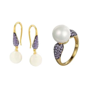 Ladies’ 925 Sterling Silver Freshwater Pearl Earring and Ring Set with GIA-Certified Cubic Zirconia