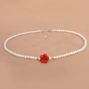 AAA Round Cultured Pearl Strand Choker with Carved Cinnabar Rose Flower Pendant