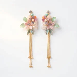AE-935 Manufactory Handmade Resin Flower Earrings, Light Purple Shell Floral, Long Gold Tassels, Wedding Bridal Accessories