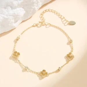 APB10 14K Gold Plated Hollow Four-Leaf Clover Bracelet, 925 Sterling Silver