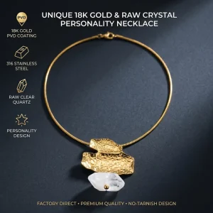 Abstract Liquid Gold Medallion Clear Crystal Quartz Tarnish-Free Snake Chain Choker Necklace
