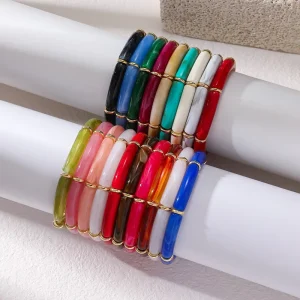 Acrylic Beaded Layered Bracelet, Multiple Colors, Gold-Plated Elastic Rope, Women’s