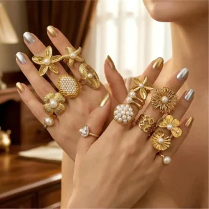 Adjustable 316L Stainless Steel Pearl Cuff Ring, 18K/24K Gold-Plated, Floral Starfish
