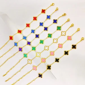 Adjustable Chain Bracelet with Lucky Shell Enamel Four-Leaf Clover Charm