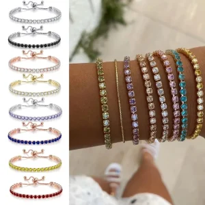 Adjustable Colorful Birthstone Zircon Tennis Bracelets for Women 4MM Crystal Bangle Girls Hand Chain Trend Jewelry Accessories
