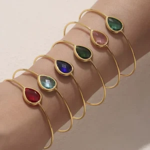 Adjustable Crystal Bracelet with Gold Plated Amethyst Charm, Brass/Stainless Steel