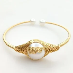 Adjustable Gold Bangle Bracelet with 14mm Large Round Freshwater Pearl Wire Eye Design