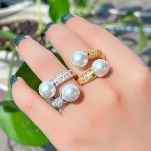 Adjustable Gold-Plated Brass Double-Pearl Open Ring Korean Style for Women