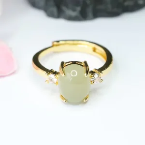 Adjustable Green Hetian Jade Zircon Ring