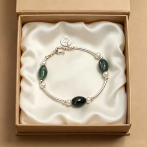 Adjustable Silver Tube Bracelet Natural Moss Agate Cream Pearl Custom Round Coin Pendant