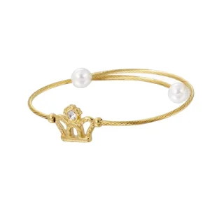 Adjustable Stainless Steel Cuff Bracelet with Crown Charm and Pearl