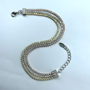 Adjustable Three Row CZ Micro Pave Cubic Zirconia Rose Gold Plated Tennis Chain Bracelet
