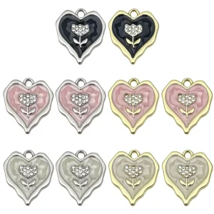 Alloy Enamel Heart Charm Pendant with Rhinestone Flower Detail, Marble Swirl, Gold and Silver Tones