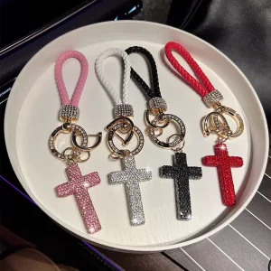 Alloy Rhinestone Cross Keychain with Braided Strap Crystal Bag Charm for Women