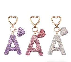 Alloy Rhinestone Letter Heart Charm Gold-Plated Keychain Bag Pendant for Women and Girls