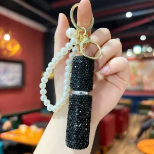 Alloy Rhinestone Perfume Bottle Keychain 2-in-1 Crystal Bag Charm with Pearl Chain
