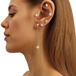 Alloy Stars Moon Cross Stud Earrings Set Crystal Rhinestone Elegant Ladies Daily Earrings
