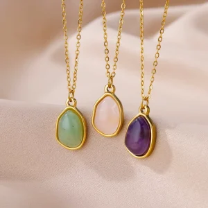 Amethyst Powder Crystal Pendant Necklace with Natural Stone and Gold-Plated Link Chain