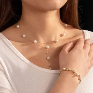 Anti-Tarnish Waterproof 18K Gold Plated Stainless Steel Natural Pearl Jewelry Set for Women