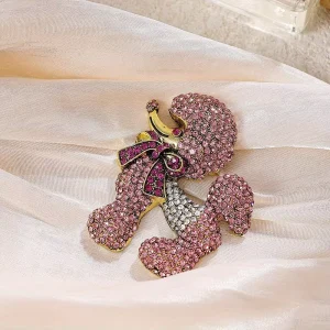 Antique Gold-Plated Alloy Rhinestone Poodle Dog Crystal Bow Brooch Lapel Pin