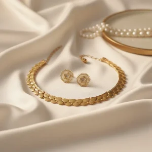 Art Deco Vintage 18K Gold-Filled Scale Choker Necklace and Sunflower Hoop Earrings Set