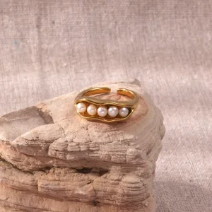 Artificial Pearl Stainless Steel Open Ring 18K Gold-Plated Waterproof