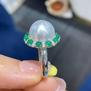Australian White Pearl Ring with Emerald 13-14mm 18K Gold Customizable