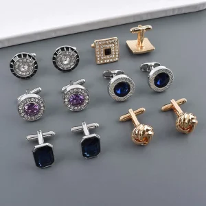 Austrian Crystal French Cufflinks with Diamond Inlay and Hollow Braid Design, Tie Clips