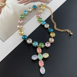 B8556 Rainbow Crystal Gold Plated Iridescent Cross Pendant Necklace
