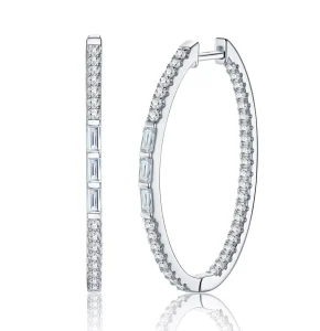 Baguette Moissanite Emerald Cut Silver Pavé Hoop Earrings