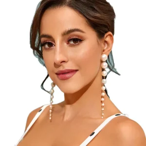 Baroque Beaded Statement Long Dangle Earrings Large Simulated Pearl Drop with Tassel Pattern