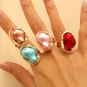 Baroque Irregular Pearl Ring, Colorful Inlaid Zinc Alloy, for Women