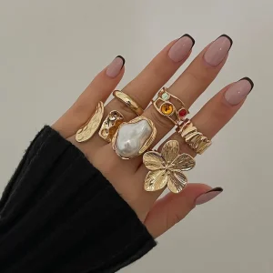 Baroque Pearl Colored Ring Set, 6 Pieces, Irregular Flower Crystal Diamond Open Adjustable Rings for Women