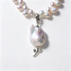 Baroque Pearl Tulip Pendant Necklace with Freshwater Rice Pearl Chain and Removable Silver Flower Charm