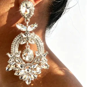 Baroque Silver Large Crystal Rhinestone Statement Earrings for Women, White Diamond