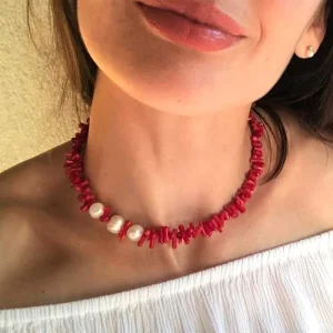 Beachy Vacation Coral Freshwater Pearl Stone Bead Necklace Handmade First Mother’s Day
