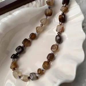 Beaded Agate Crystal Geometric Necklace Chinese-Style Ink-Wash Unisex Collar Chain Gold
