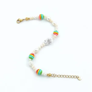 Beaded Bracelet, Rainbow Stripe and Imitation Pearl, Children’s Bangle