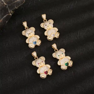 Bear Pendant, 14K Brass, Crystal CZ, Hip Hop Jewelry