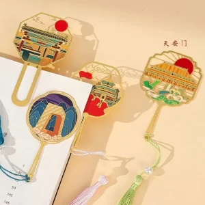 Beijing Landmark Brass Metal Bookmark Fan-Shaped Hollow Enamel Chinese Style Waterproof