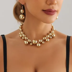 Big Gold Bead Choker Punk Hiphop Style Necklace Earring Set