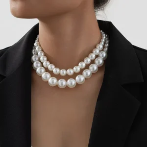 Big Imitation Pearl Beaded Double-Layered Choker Necklace